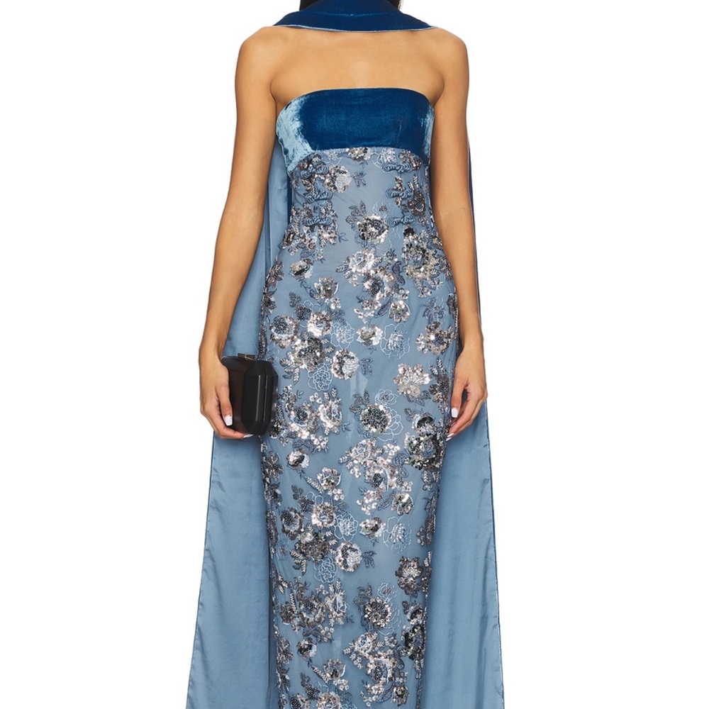 Strapless Blue Floral Embellished Maxi Dress